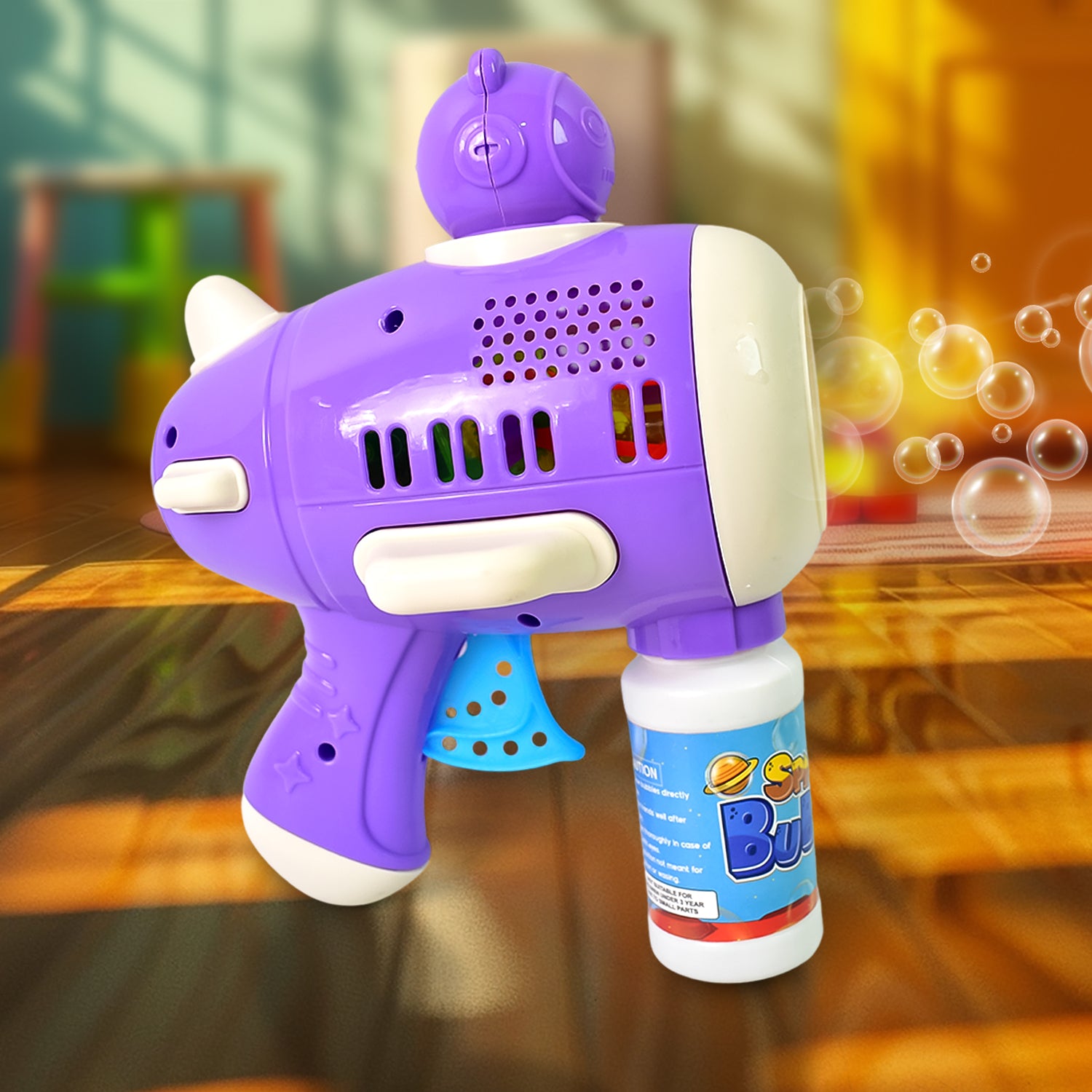 Wukusy space bubble gun toy for kids with bubble solution, colorful design, and playful appearance.