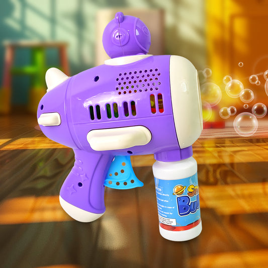 Wukusy space bubble gun toy for kids with bubble solution, colorful design, and playful appearance.