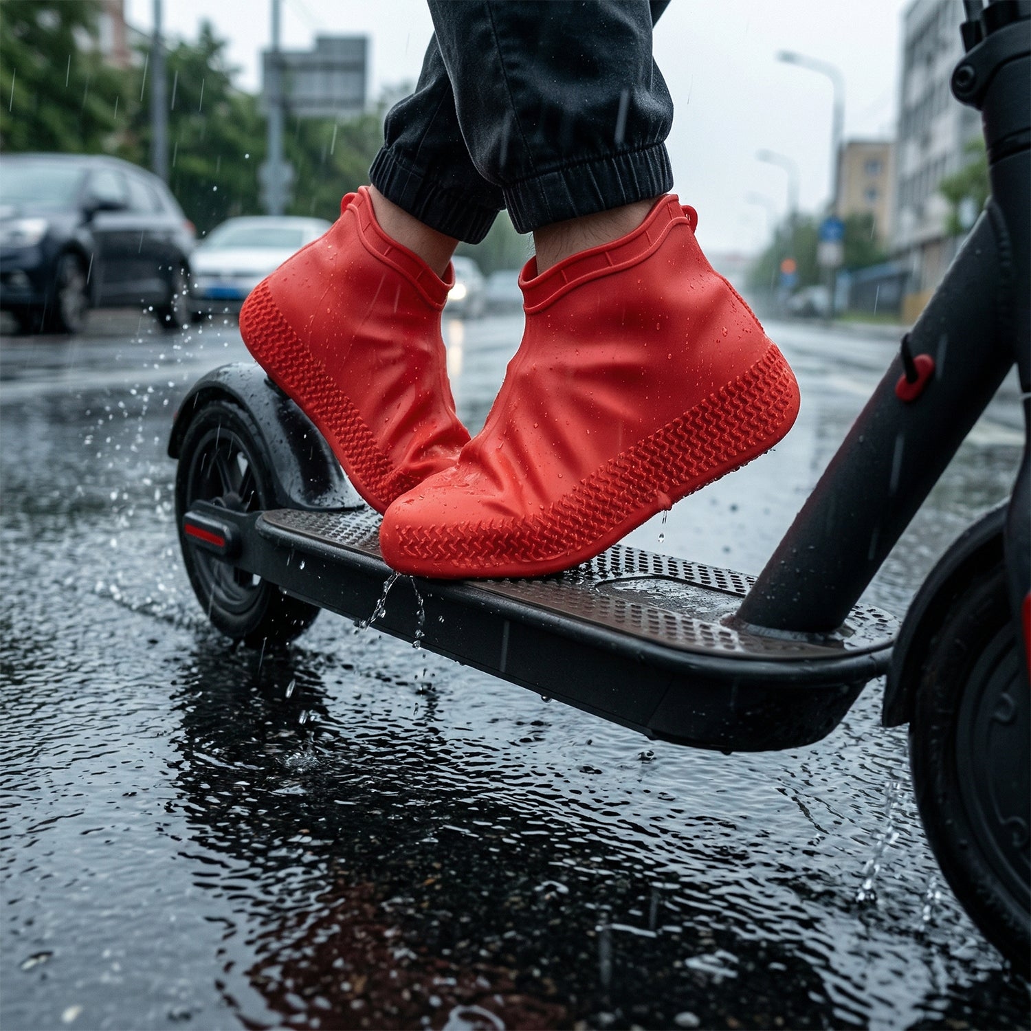 Pair of red waterproof silicone shoe covers by Wukusy in medium size, protecting shoes from water and mud.