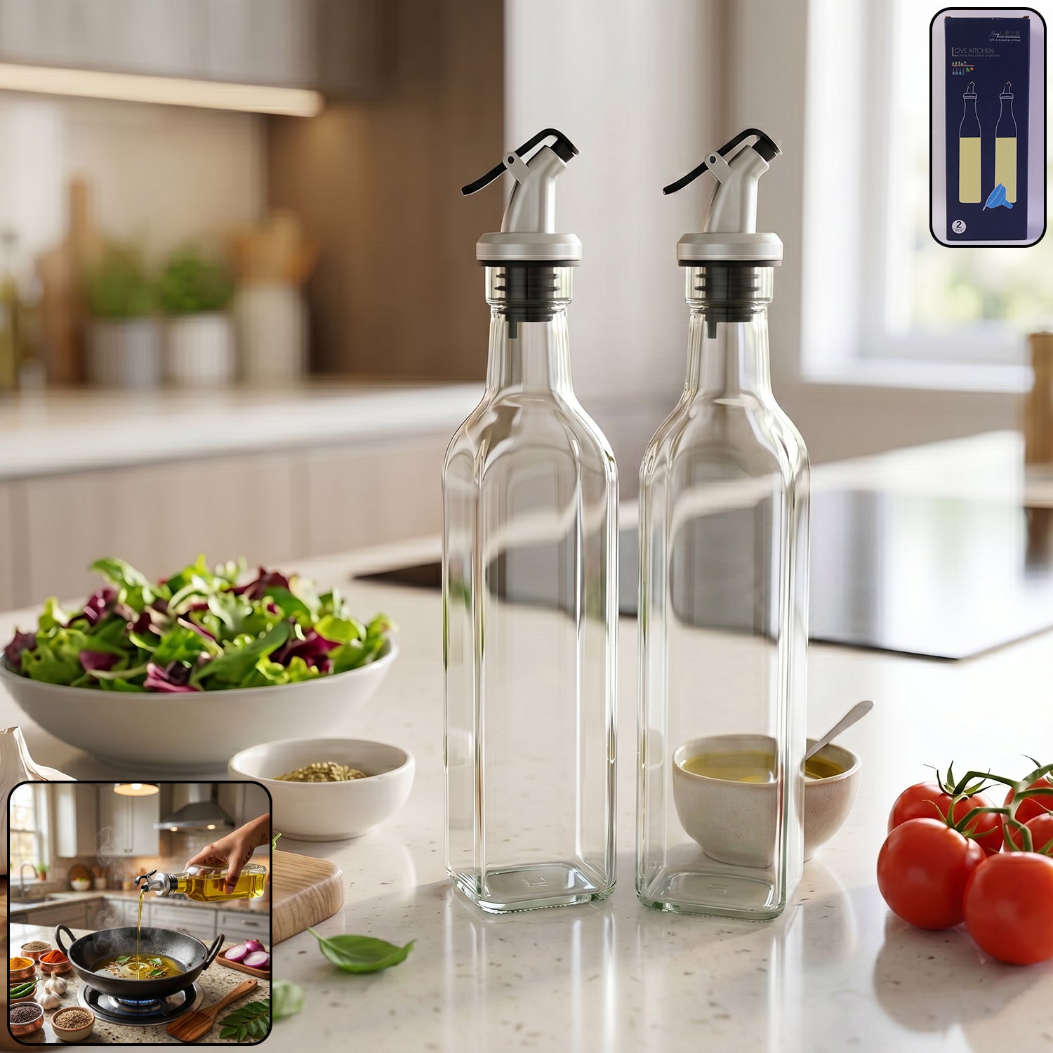 Two transparent Wukusy glass oil dispenser bottles with leak-proof caps, ideal for olive oil and vinegar storage.