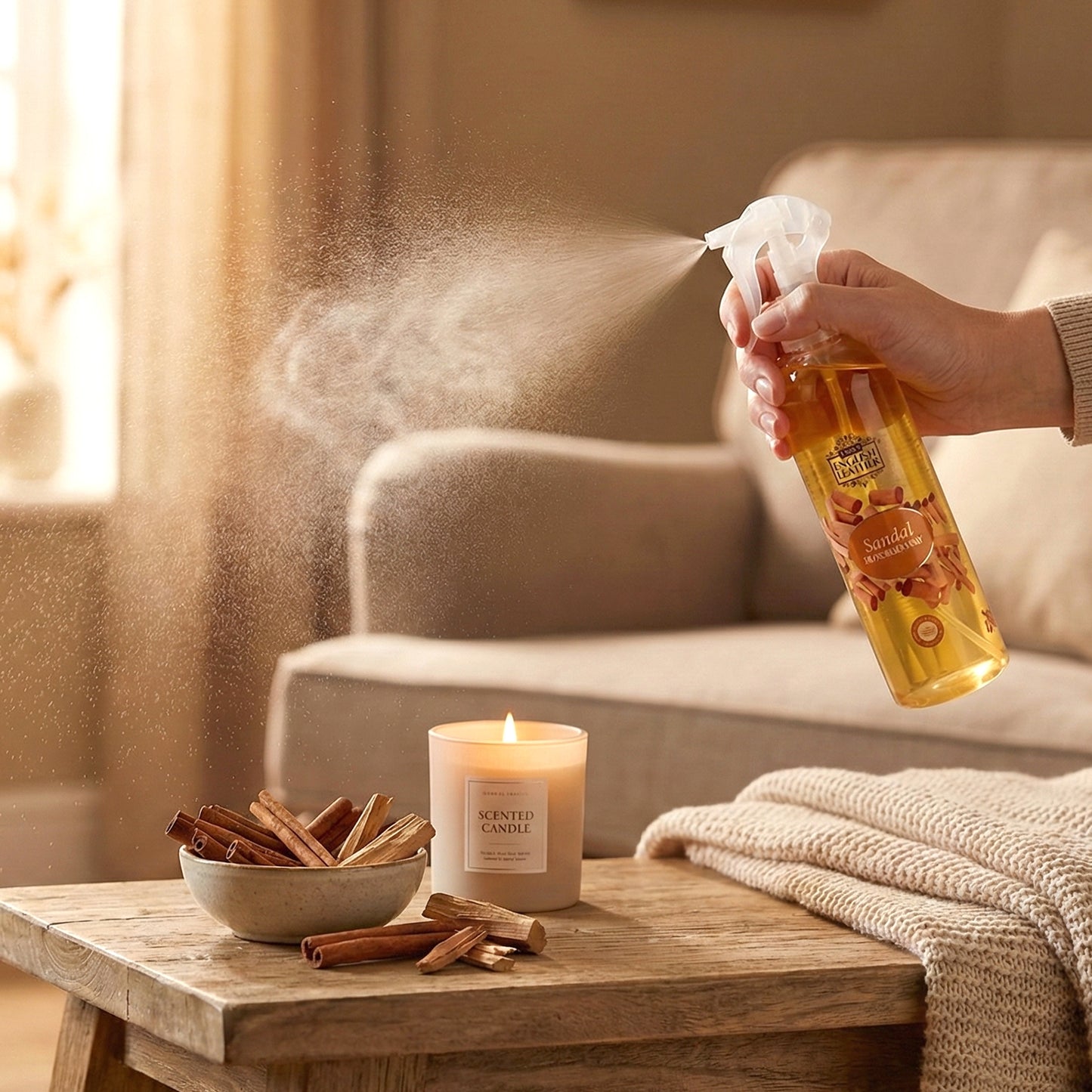 Wukusy sandal fragrance air freshener spray for home and office, 250ml bottle with floral scent and spray nozzle.