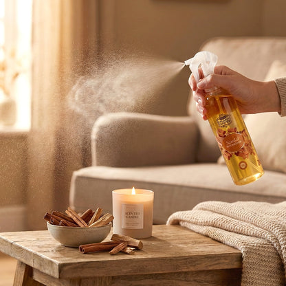 Wukusy sandal fragrance air freshener spray for home and office, 250ml bottle with floral scent and spray nozzle.