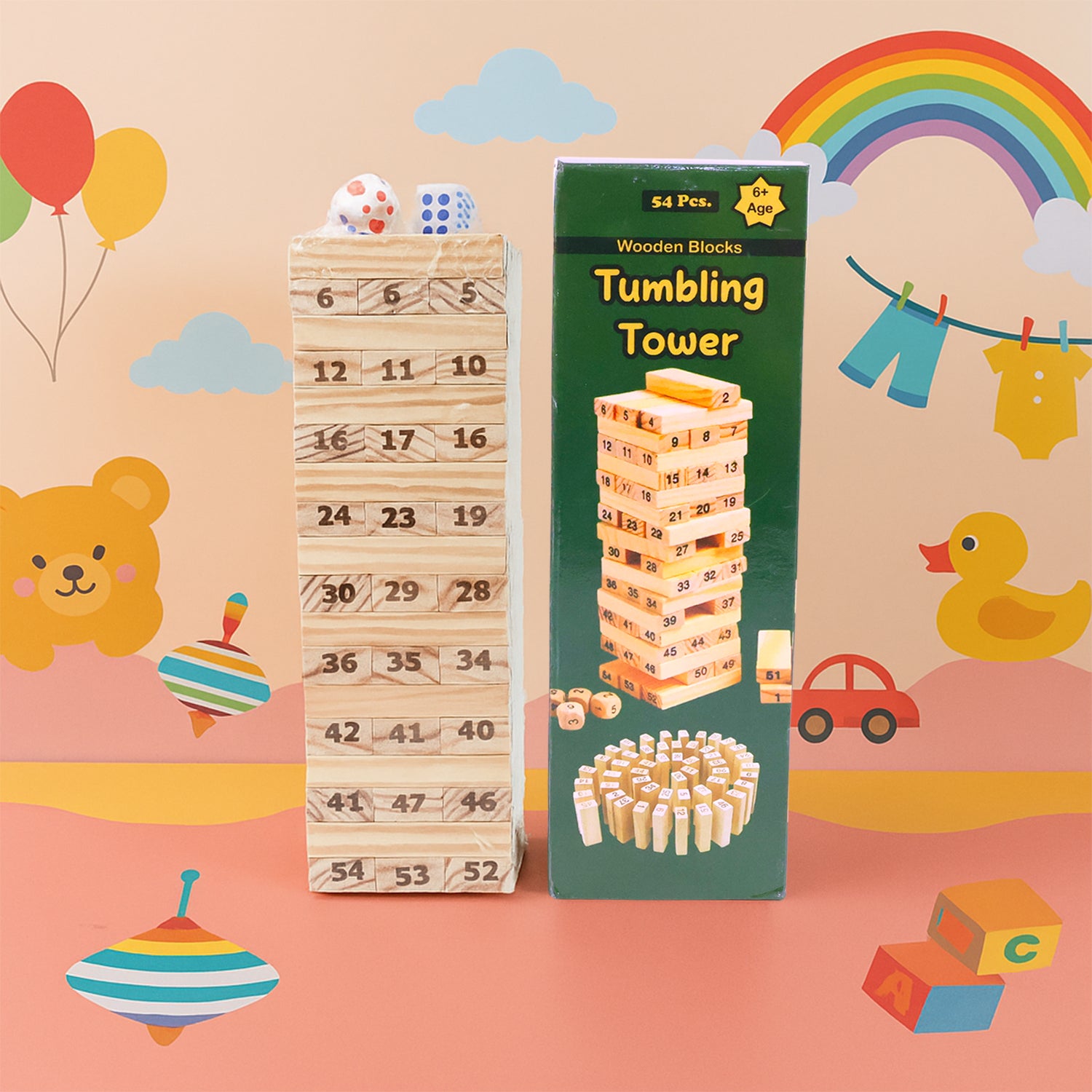 Wukusy tumbling tower wooden blocks game set with stacked natural wooden blocks for stacking and balancing fun.