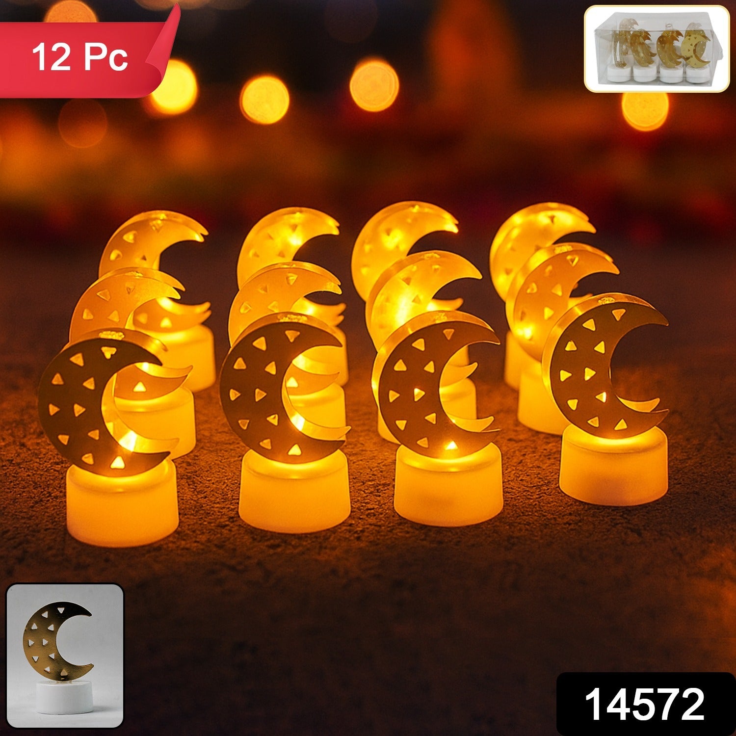 Decorative moon-shaped flameless LED candles by Wukusy, 12-piece home decor set with warm glowing moon designs.