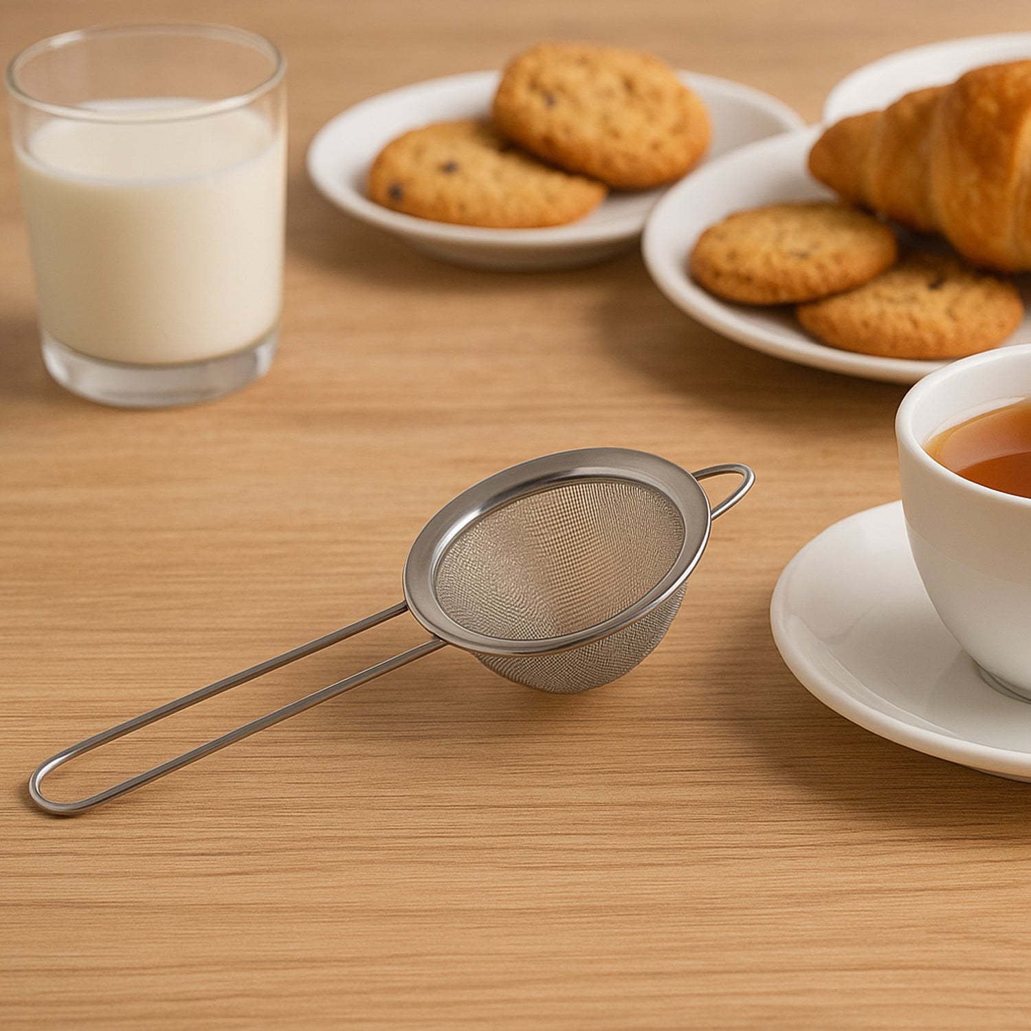 Stainless steel Supermom Slim Strainer by Wukusy for kitchen use, featuring a compact design and fine mesh for straining liquids and small particles.