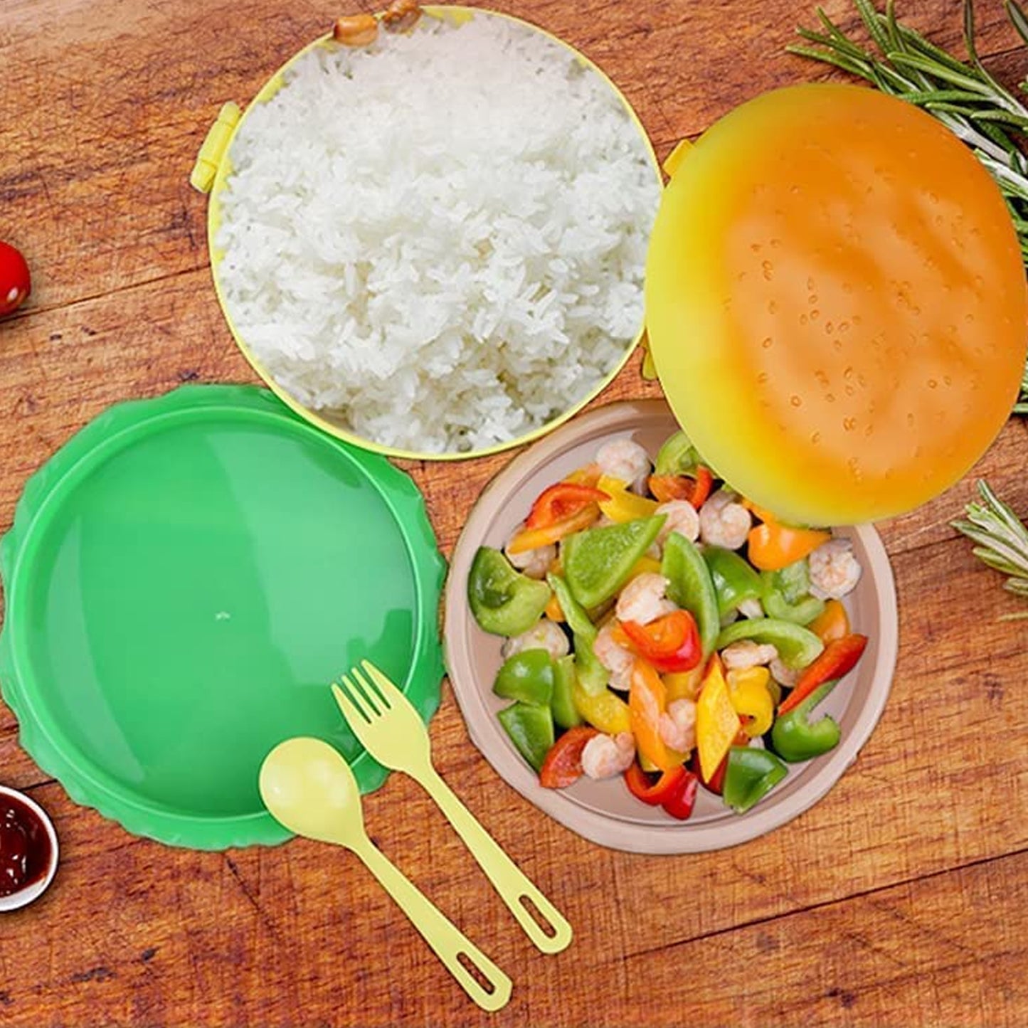 Wukusy burger shape plastic lunch box with double layers, 1000ml capacity, includes 2 spoons, ideal for kids and students