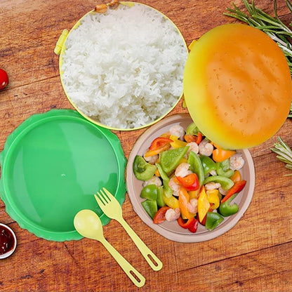 Wukusy burger shape plastic lunch box with double layers, 1000ml capacity, includes 2 spoons, ideal for kids and students