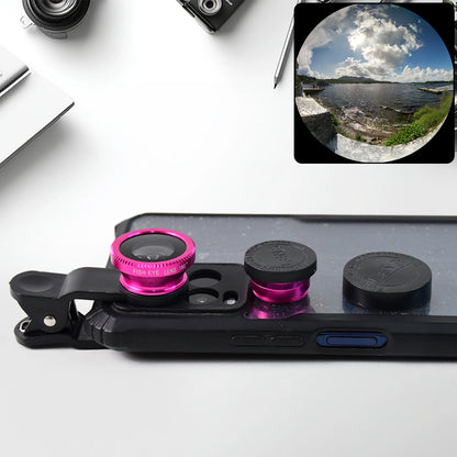 Wukusy universal clip-on mobile camera lens set attached to a smartphone, showcasing wide-angle and macro lens options.
