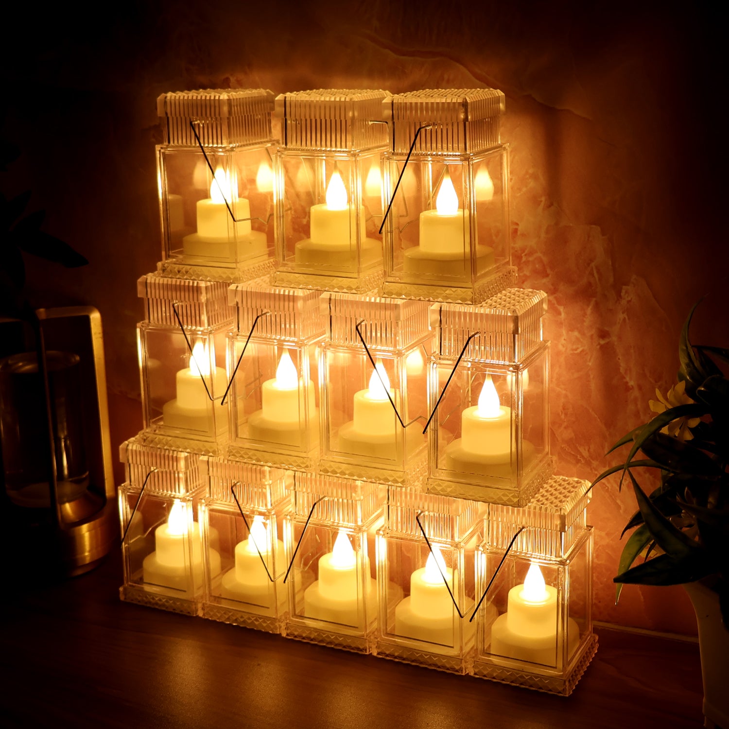 Set of 12 Wukusy LED storm lantern decorative lights for home decor, featuring vintage-style metal and glass lanterns.