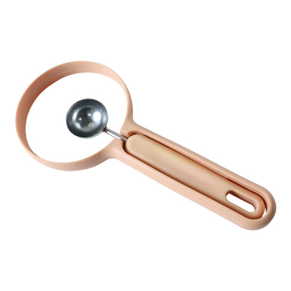 Wukusy 2-in-1 fruit scooper and cutter tool showing stainless steel scoop and blade for easy fruit preparation.