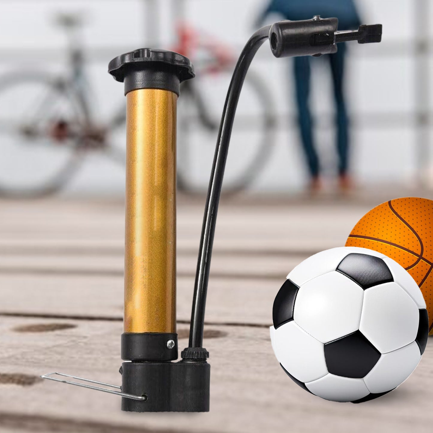 Wukusy 8506 hand air ball pump with metal body, portable high-pressure inflator for basketball, soccer, volleyball, and inflatable sports balls.