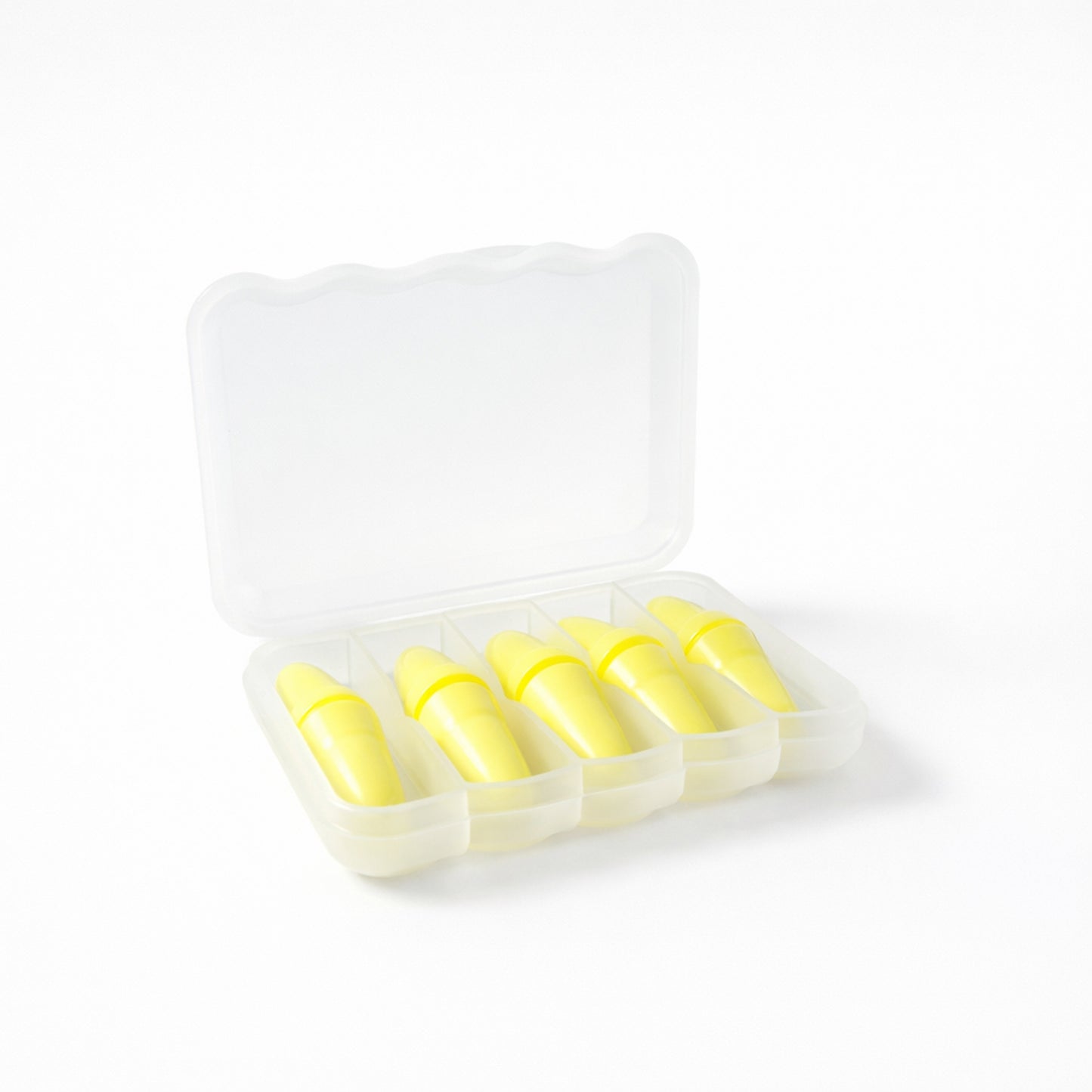 Set of five soft reusable foam ear plugs with a compact storage case, ideal for noise reduction and comfortable wear.