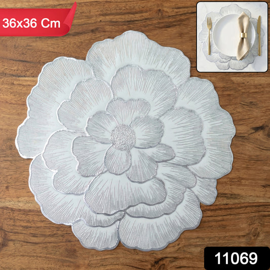 Wukusy round floral PVC table mat, 36x36 cm with colorful flower design, protective and decorative for dining tables.