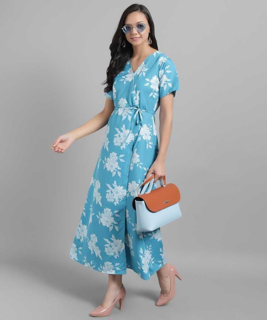 Darzi women's crepe maxi dress with floral print and V-neck, flowing and elegant, from the Women's Collection.