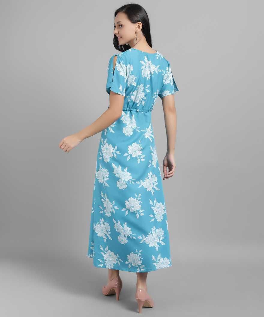 Women's floral print crepe maxi dress with V-neck from Drpshippr's Darzi Women's Collection, featuring a flowing silhouette and elegant design.