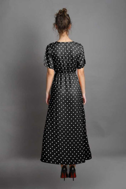 Drpshippr women's crepe polka dot drop waist dress from DARZI Women's Collection, featuring a flowing silhouette and stylish polka dot pattern.