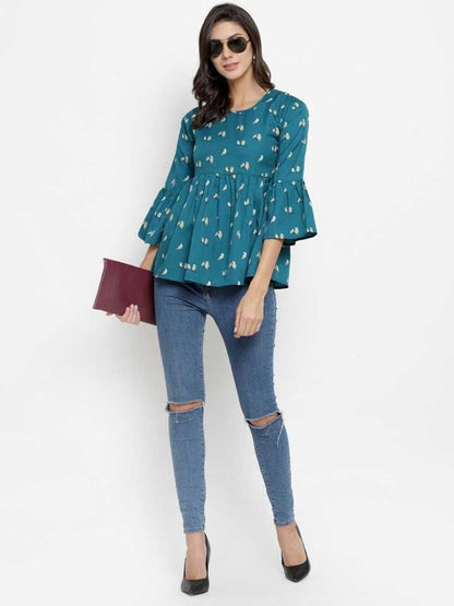 Drpshippr Darzi women's crepe printed top with floral design, slim fit, and short sleeves from the Women's Collection.