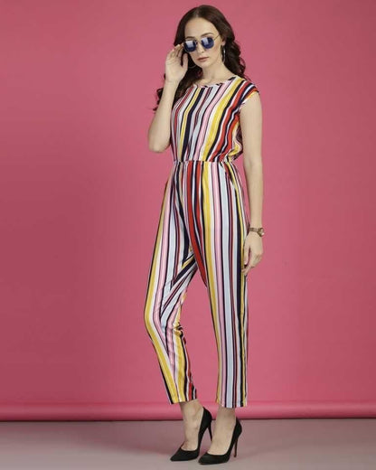 Fashionable Drpshippr Darzi women's crepe stripe print cap sleeve jumpsuit, showcasing stylish design and vibrant pattern.