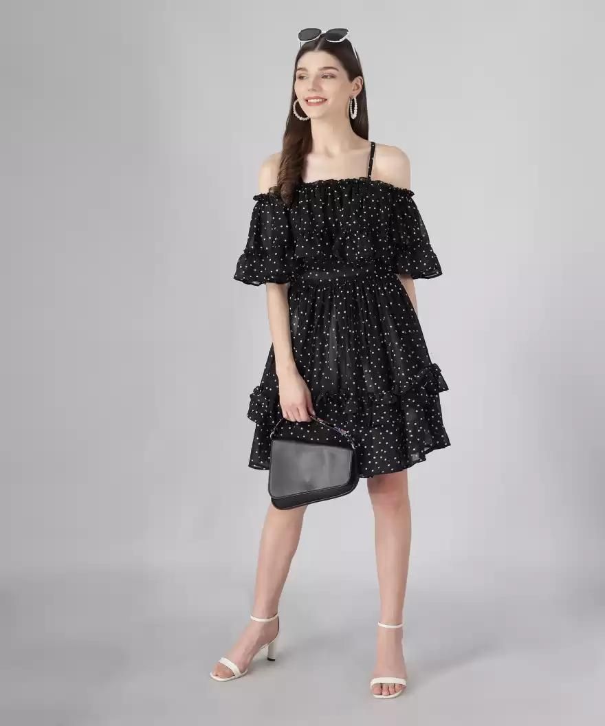 Drpshippr DARZI women's georgette polka dot drop waist dress featuring a flowy fit and classic polka dot pattern.