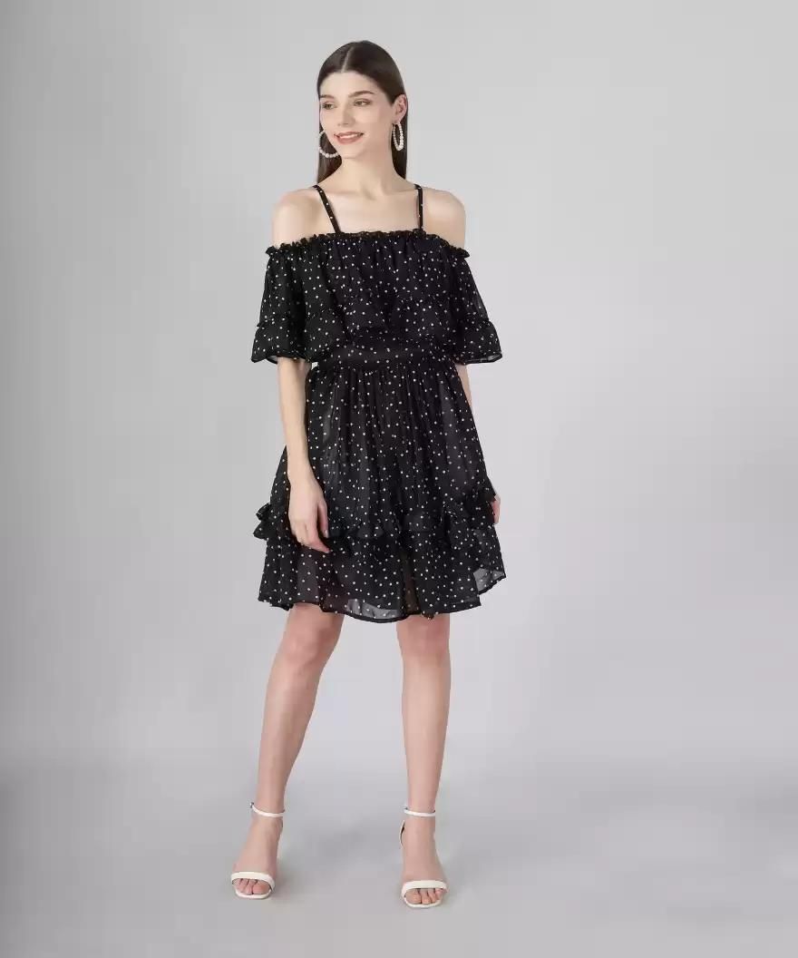Women’s Georgette Polka Dot Drop Waist Dress from DARZI Women’s Collection by Drpshippr, featuring a flowy, stylish design.