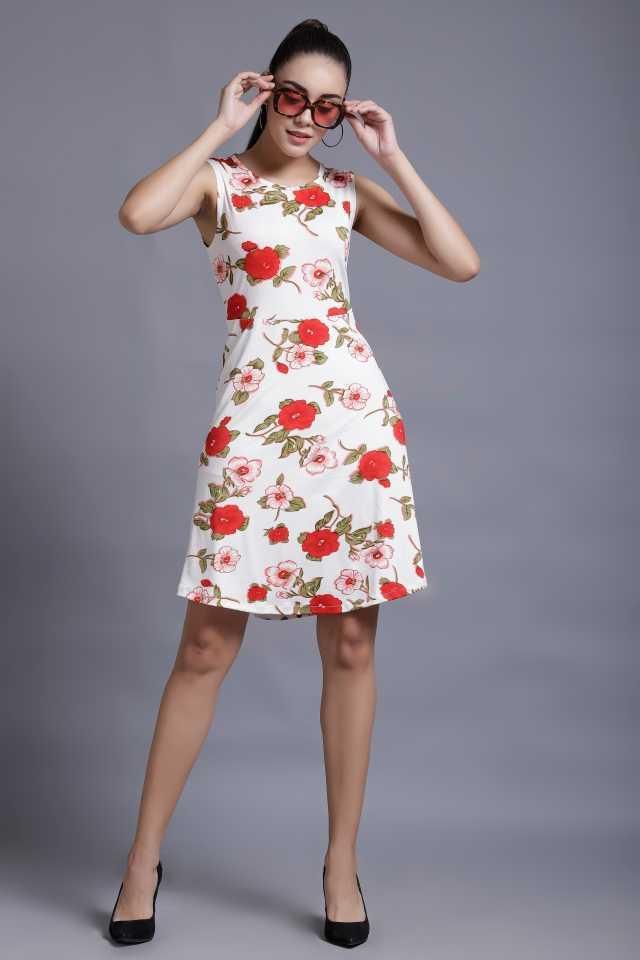 Women’s floral lycra blend A-line dress from DARZI Women’s Collection by Drpshippr, featuring a stylish floral pattern and comfortable fit.