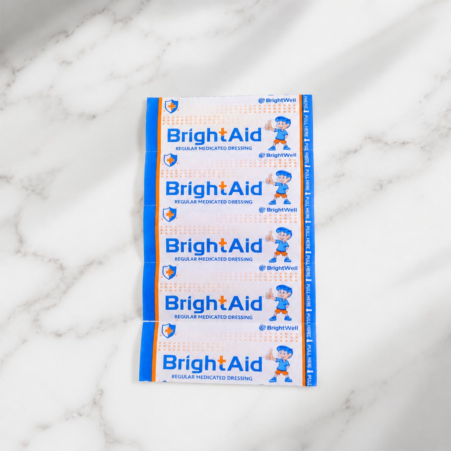 Wukusy Brightaid regular adhesive bandages for cuts and wounds, 5-pack, showing sterile bandages with skin-tone adhesive.