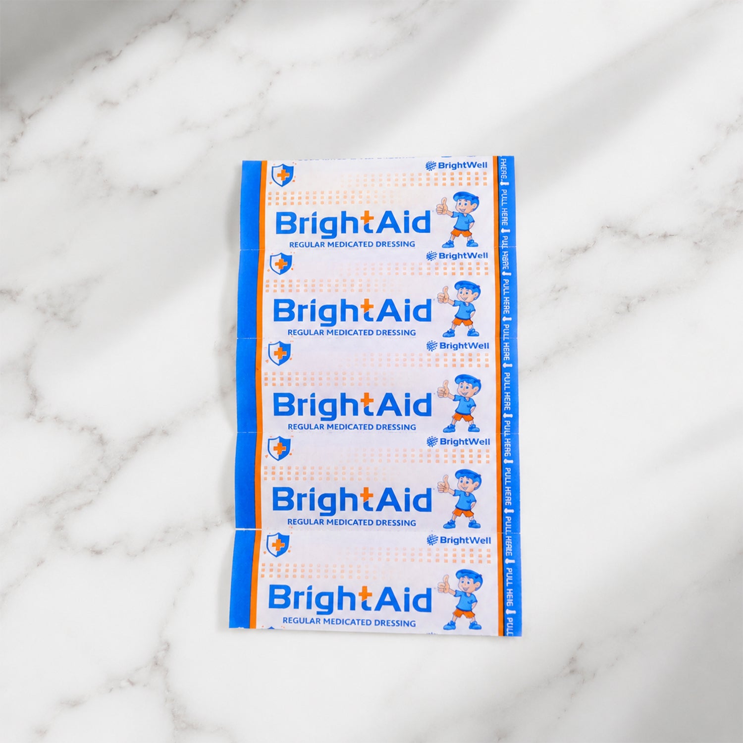 Wukusy Brightaid regular adhesive bandages for cuts and wounds, 5-pack, showing sterile bandages with skin-tone adhesive.