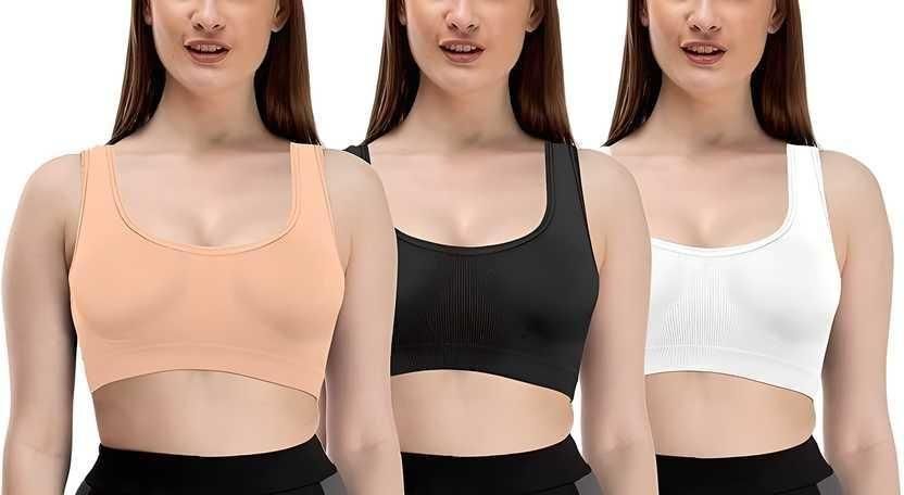 Set of three women's non-padded, non-wired nylon and cotton sports bras by Drpshippr, shown in a variety of colors.