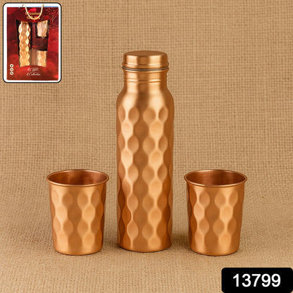 Diamond cut copper water bottle set with 2 glasses and gift box by Wukusy, featuring intricate copper design and glass accessories.