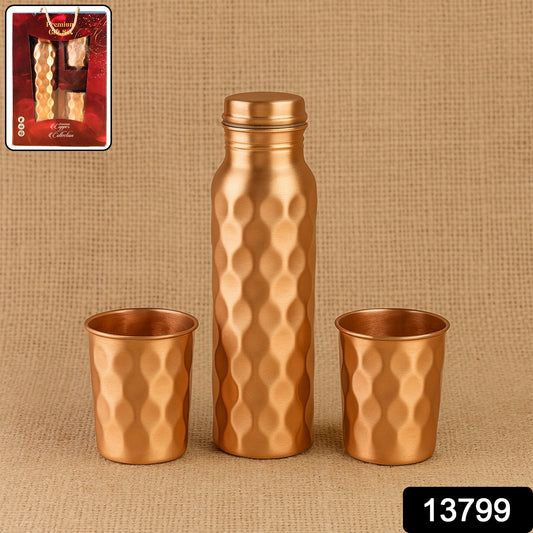 Diamond cut copper water bottle set with 2 glasses and gift box by Wukusy, featuring intricate copper design and glass accessories.