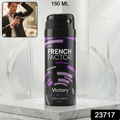 Wukusy French Factor Victory Intense deodorant body spray, 150ml bottle showing sleek design and spray nozzle.