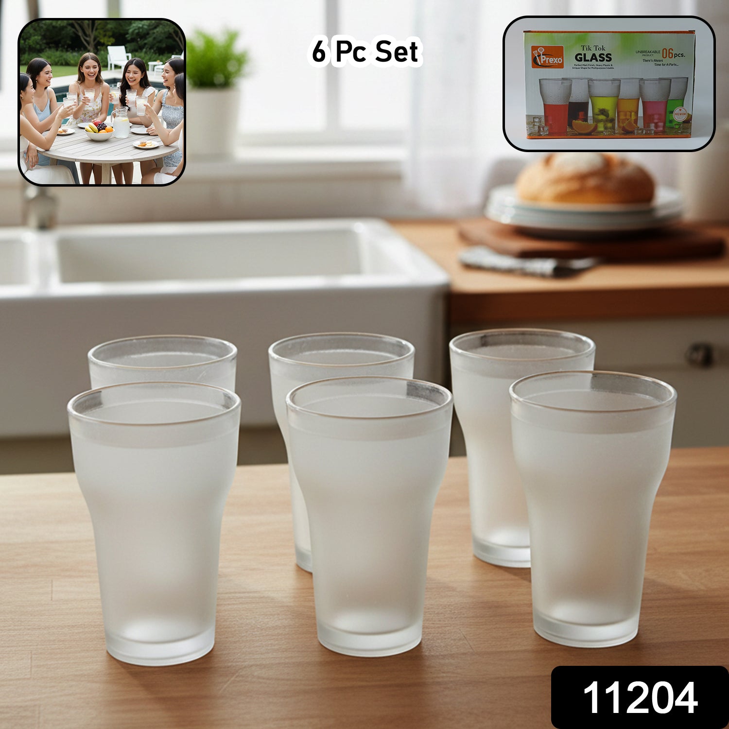 Six Wukusy Prexo unbreakable plastic water glasses, 300 ml each, shown stacked and ready for use in a clear set.