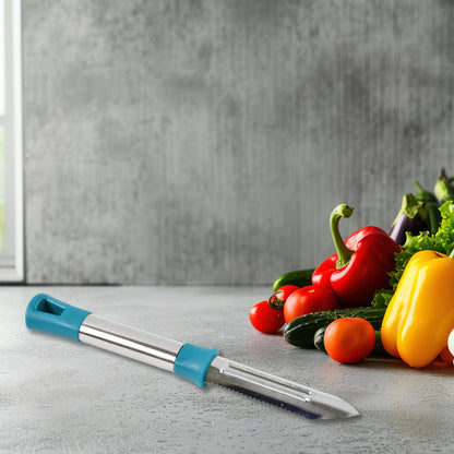 Wukusy Apex Premium stainless steel vegetable and fruit peeler with ergonomic handle for easy peeling in a home kitchen setting.