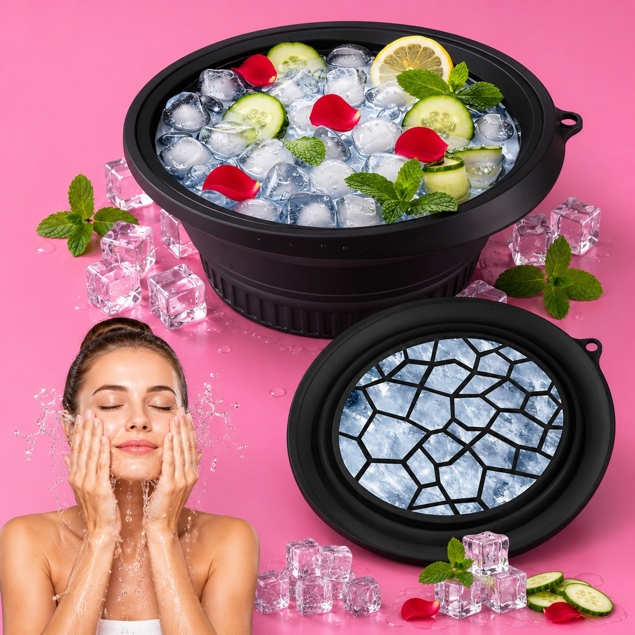Wukusy collapsible ice bath bowl for facial ice therapy and skin care, shown folded and expanded for easy use and storage.