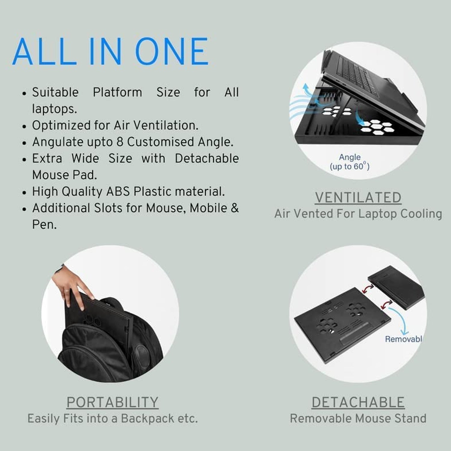 Wukusy 1229 portable foldable laptop stand with tray, compatible with MacBook, notebook, tablet, and includes a free phone stand.
