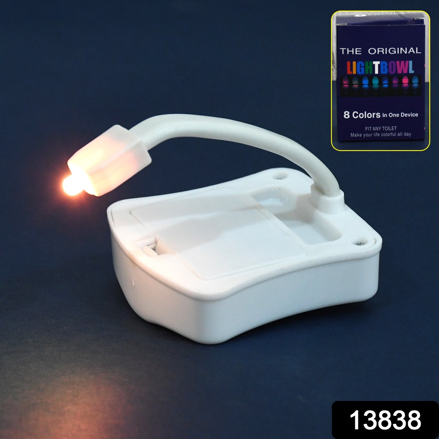 Wukusy LED toilet bowl light attached to toilet cover, illuminating the bowl with colorful lighting for home improvement.