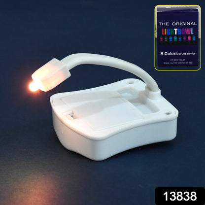 Wukusy LED toilet bowl light attached to toilet cover, illuminating the bowl with colorful lighting for home improvement.