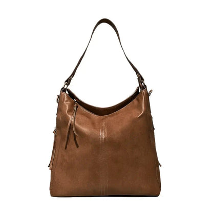 Black vegan leather shoulder bag for camping and hiking, spacious, water-resistant, lightweight with adjustable strap.