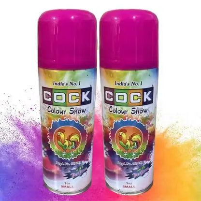 Pack of 2 Cock Brand multicolor snow spray cans for party decoration, featuring vibrant, colorful spray for celebrations.