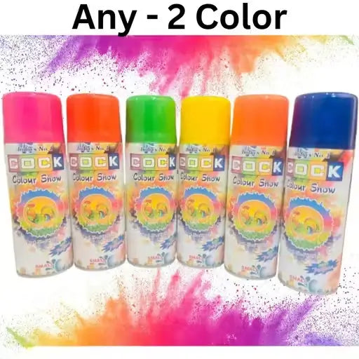 Two bottles of Cock Brand Colour Snow Spray in multicolor for party decoration and celebration, with vibrant, colorful snow effect.