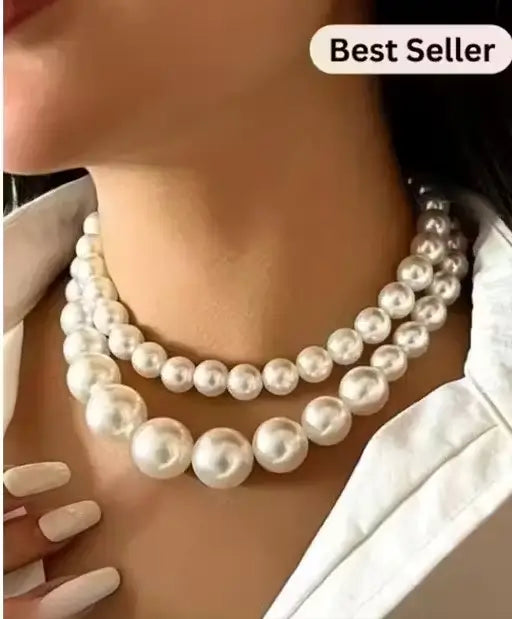 Artificial pearl mala 2-layer jewelry set with matching earrings, elegant imitation jewelry for special occasions.