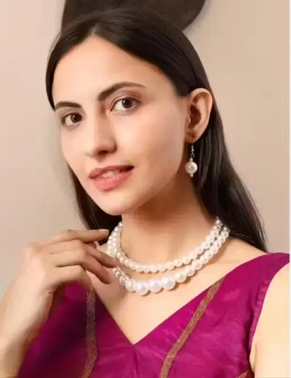 Two-layer artificial pearl mala with matching earrings in an imitation jewelry set, featuring elegant design and craftsmanship.