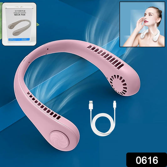Wukusy portable neck fan wearing around neck, bladeless design, USB rechargeable, 360° cooling, suitable for travel and outdoor activities.