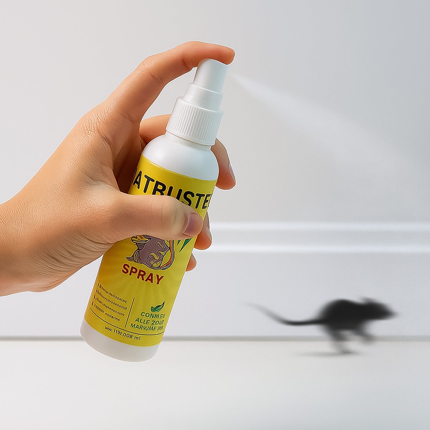 Wukusy rat repellent spray bottle, 100ml, for home pest control, with clear label and spray nozzle in a home setting.