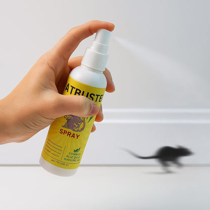 Wukusy rat repellent spray bottle, 100ml, for home pest control, with clear label and spray nozzle in a home setting.