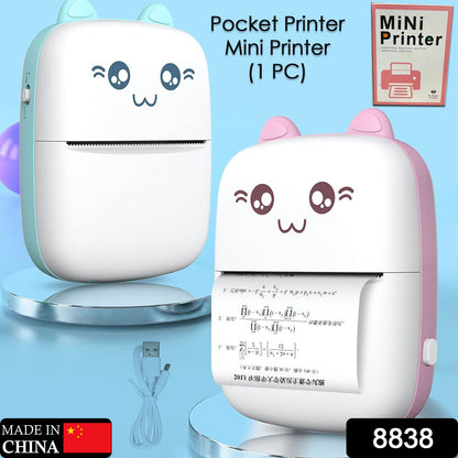 Wukusy 8838 Pocket Mini Printer showing compact wireless thermal printer connected to a smartphone with photo output.