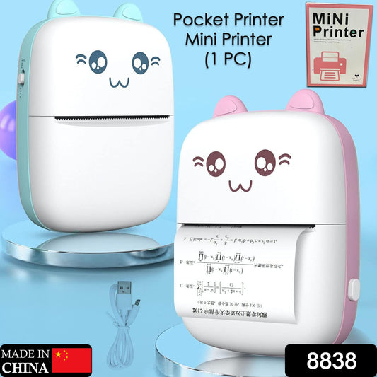 Wukusy 8838 Pocket Mini Printer showing compact wireless thermal printer connected to a smartphone with photo output.