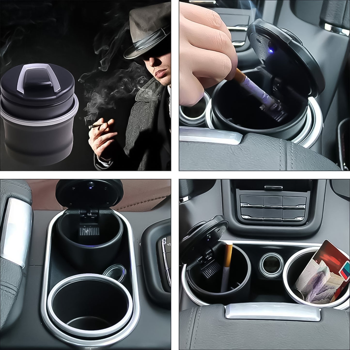 Wukusy portable car ashtray with lid and blue LED light, shown with open lid and compact design for vehicle use