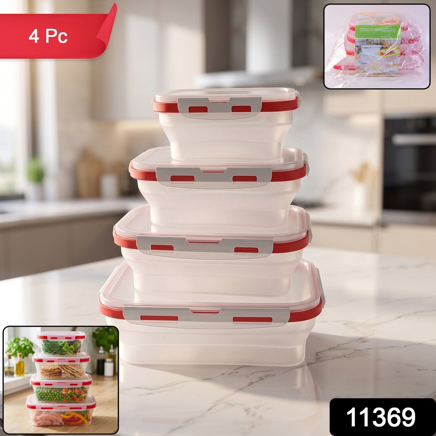 Wukusy collapsible food storage container set with four foldable, airtight lunch boxes for kitchen and meal prep.
