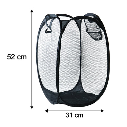Wukusy foldable mesh laundry basket storage hamper bag with 34x34x57 cm size, featuring breathable mesh design and sturdy handles.